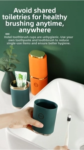 Macro detail of portable travel wash cup set with green and orange cups and gold ring