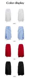 Color display of lace-up mid-length skirts in white, blue, red, and black options