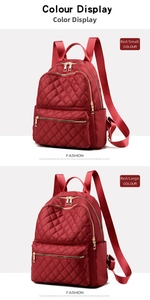 Size comparison of small and large red quilted backpacks with gold zippers and pockets