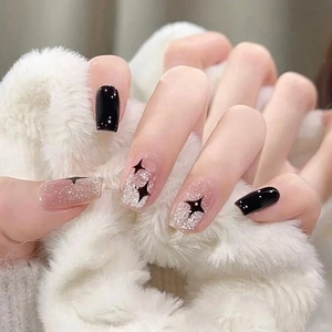 Faux Ongles Longs Cercueil Dégradé Noir Rose avec Étoile Graphique Brillants Pailletés pour Manucure Femme