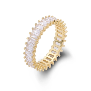 Detailed view of the gold-plated eternity ring with rectangular-cut cubic zirconia stones