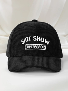Detailed embroidery of SHIT SHOW SUPERVISOR on a black corduroy baseball cap