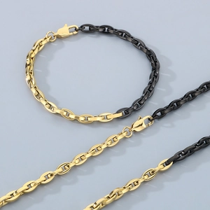 Detailed view of two-tone gold and black stainless steel necklace and bracelet jewelry set