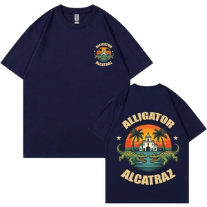 Navy blue short sleeve t-shirt with Alligator Alcatraz print in double-sided flat lay