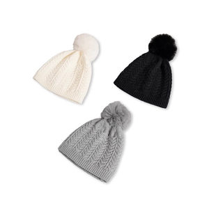 Three-piece set of girls cable knit beanies with pom-poms in white, black and grey