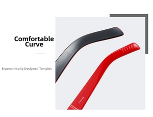Detail of ergonomic sunglass temples in red and black with CE certification markings