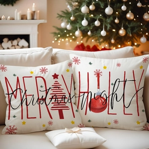 Detail of Christmas nutcracker linen pillow cover with festive Merry Christmas print