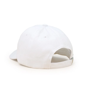 Rear view of white cotton baseball cap showing adjustable strap and breathable eyelets