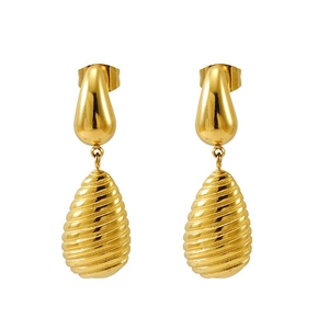 Chic gold-toned teardrop earrings featuring a sleek stud and spiral textured hollow pendant