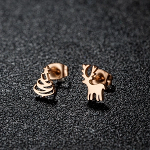 Asymmetric rose gold stainless steel Christmas tree and reindeer stud earrings for women