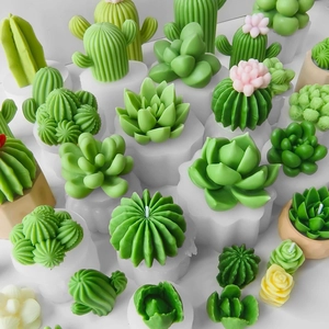 Detailed collection of green cactus and succulent silicone molds with finished DIY candles