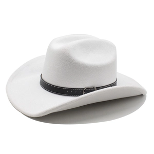 Detail of white felt cowboy hat featuring black leather band and silver metal buckle