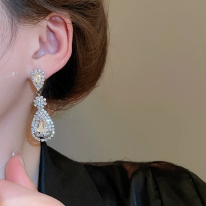 Close-up of elegant silver tassel earrings with water drop rhinestones worn by a model