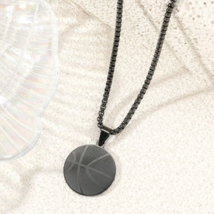 Hip hop basketball pendant necklace with black texture on pearl chain, stainless steel jewelry