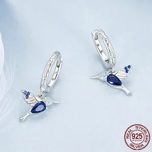 S925 sterling silver hummingbird hoop earrings with blue pear-shaped gemstone