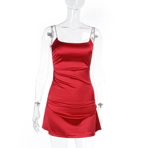 Close-up detail of red satin bodycon dress with adjustable spaghetti straps and open back