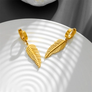 Golden titanium steel feather hoop earrings with brushed and polished leaf texture