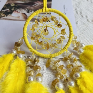 Elegant yellow crystal dream catcher car hanging with feathers and white pearls