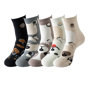 Set of five cartoon animal socks in black, grey, beige and tan colors for women