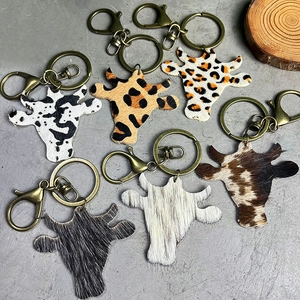 Porte-clés Tête De Taureau Cuir De Vachette Véritable Fourrure Léopard Imprimé Vache Rétro Ethnique Pendentif Sac