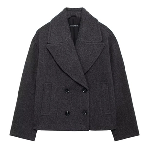 Detailed view of dark grey wool blend short coat featuring double-breasted buttons
