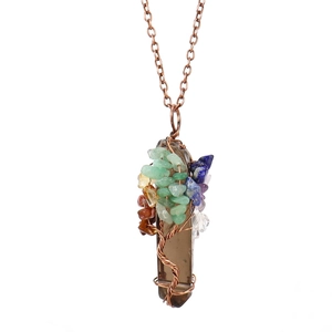 Detailed view of Tree of Life pendant featuring natural crystal shards and bronze wire wrap