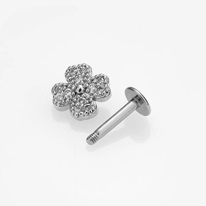 Silver four-leaf clover stainless steel stud earring with zircon inlay on white background