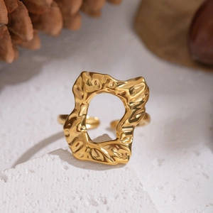 Textured gold geometric hollow ring with adjustable open band for women