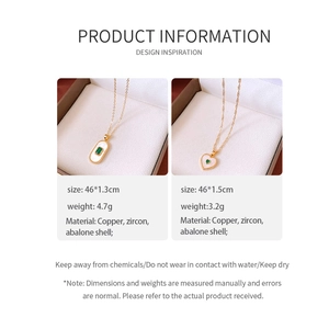Close-up of gold-plated heart and oval necklaces featuring green zircon and abalone shell
