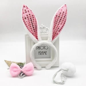 Three-piece white plush bunny ear headband set with pink sequins for festive cosplay