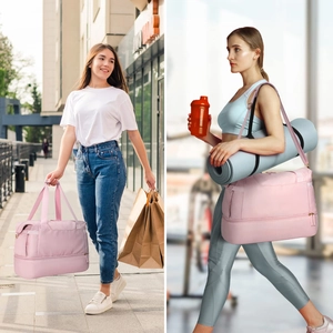 Pink fitness bag with bottom shoe compartment and straps for yoga mat storage