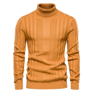 Front view of men's mustard yellow turtleneck sweater with vertical ribbed knit texture