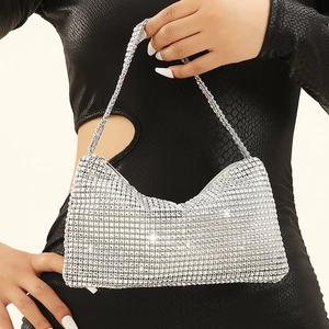 Sparkling silver rhinestone underarm evening bag with high-density crystals and metal chain