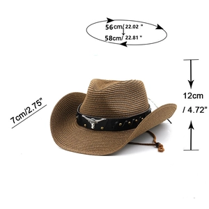 Detail showing western straw hat dimensions with bull head emblem and adjustable cord
