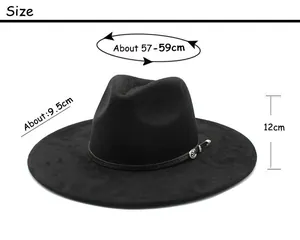 Size guide for wide brim fedora showing 57-59cm circumference and 9.5cm brim width