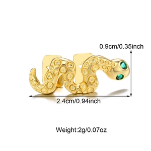 Detailed size specifications for gold snake earring with green eyes and scale texture