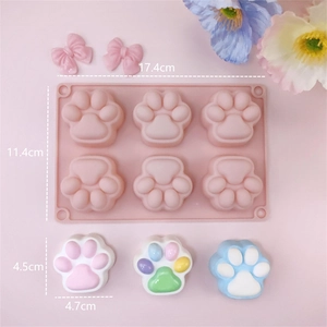 Pink silicone cat paw mold for 6-cavity chocolate mousse cake with product dimensions
