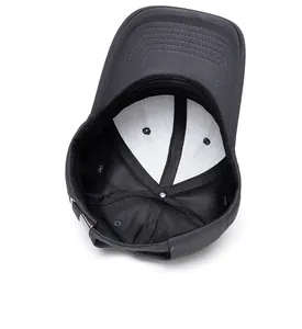 Detail view of baseball cap interior showing durable seams and adjustable metal buckle