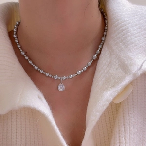 Square Pendant Faux Artificial Pearl Necklace With Cubic Zirconia French Light Luxury Elegant Clavicle Chain Jewelry For Women