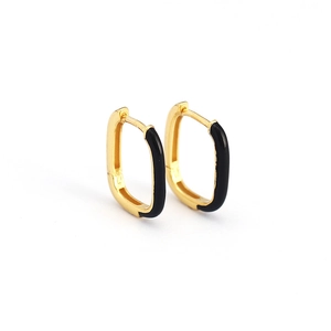 Gold square hoop earrings with black enamel inlay and 925 silver hallmark detail