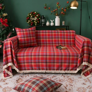 Christmas Plaid Sofa Cover Polyester Retro American Style Tassel Multi Functional Furniture Protector Blanket For Living Room
