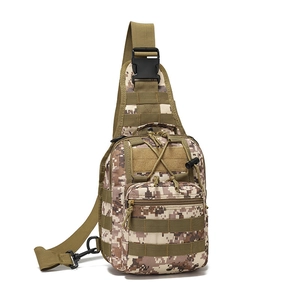 Tactical sling bag in desert camouflage showing MOLLE system and multiple zip compartments