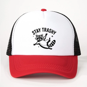 Stay Trashy raccoon trucker hat with red brim, white front panel and black mesh back