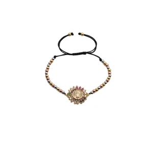 Adjustable tri-color bead bracelet with Guadalupe medal and multicolor rhinestones
