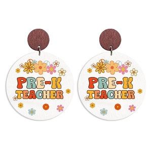 Bohemian round wooden earrings featuring vintage floral patterns and Pre-K Teacher text