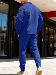 Rear side view of a royal blue suede leisure jacket and matching jogger set for men