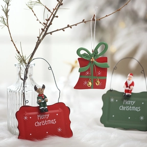Mini metal Merry Christmas hanging signs with 3D Santa and Reindeer on plush background