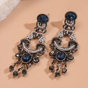 Retro Palace Dangle Earrings With Blue Rhinestone Imitation Artificial Pearl And 925 Sterling Silver Earring Post For Women