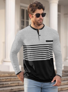 Detail of men's long sleeve Henley shirt with grey black stripes and button collar