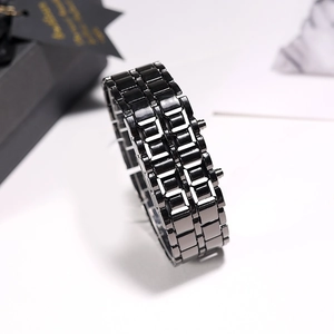 Detail of sleek black metal link bracelet with polished finish for LED lava wristwatches